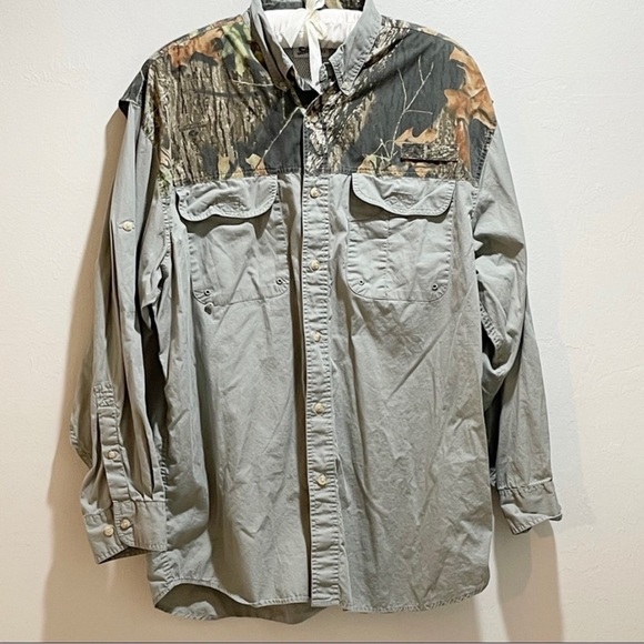 Worldwide Sportsman Mens XL Shirt Green Camo Mossy Oak Shell Cotton Vented - Picture 1 of 7